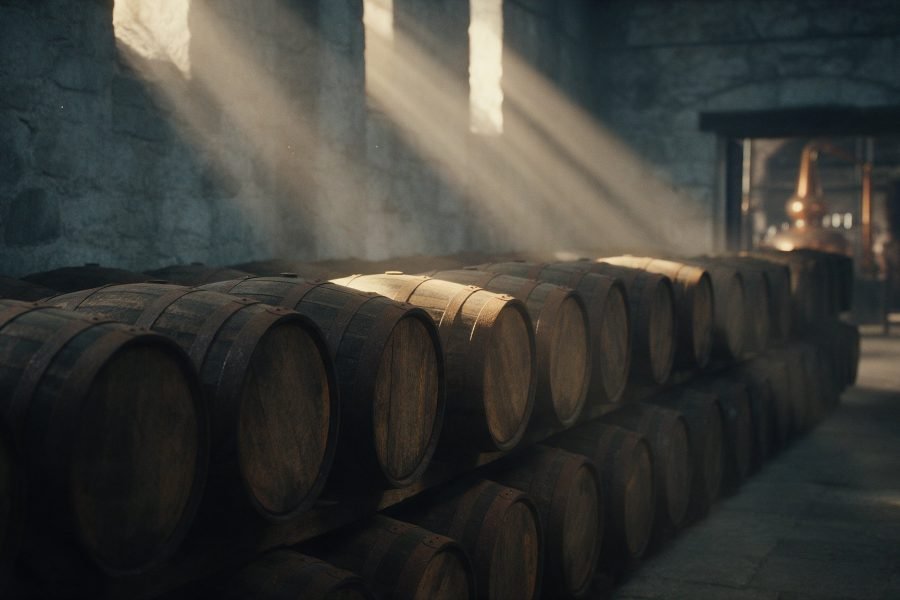 Oak rum barrels ageing in a stone warehouse in the Nassau Valley, Jamaica
