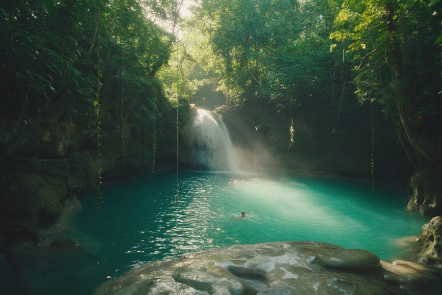 A turquoise natural pool and waterfall in the hills above Ocho Rios, Jamaica