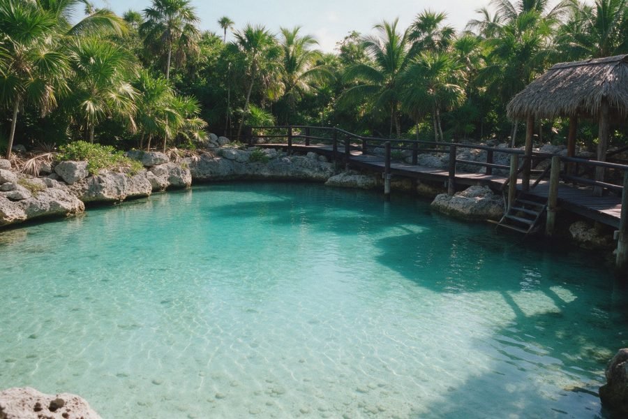 A sheltered turquoise sea lagoon fringed with palms on the Jamaican coast