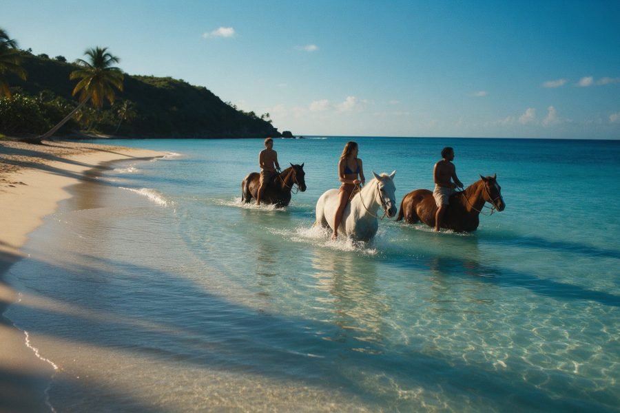 Riders on horseback in shallow Caribbean water on a Jamaican beach