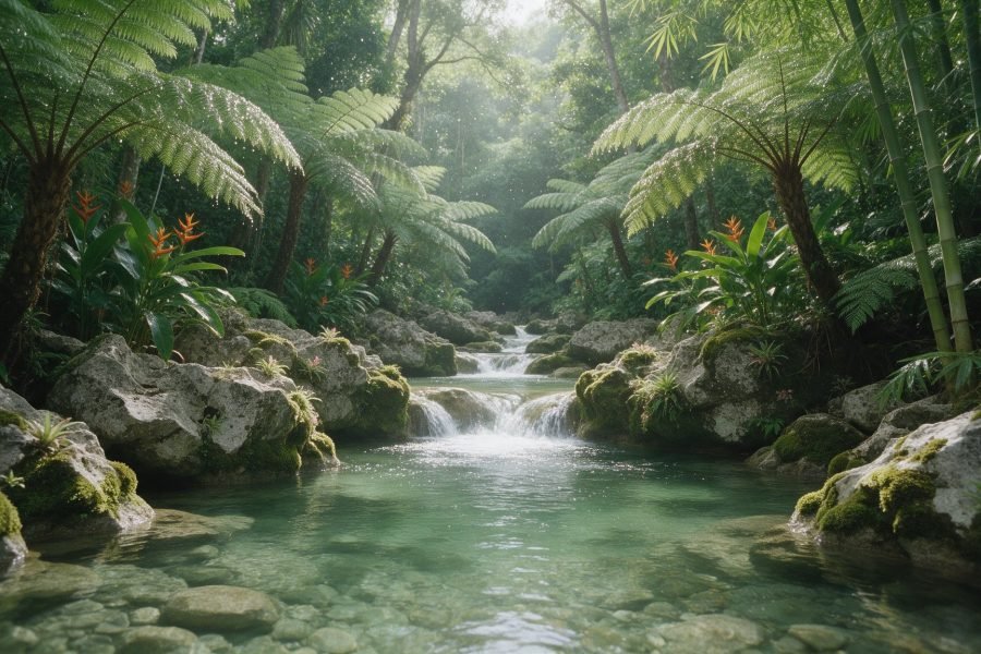 A clear shallow river stepping over small cascades through dense rainforest in Jamaica