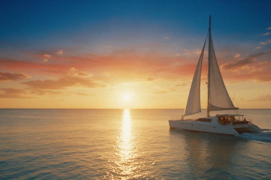 A sailing catamaran silhouetted against a Caribbean sunset off Negril