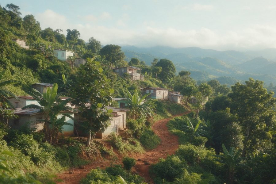 A small hillside village of painted houses among green hills in Saint Ann, Jamaica