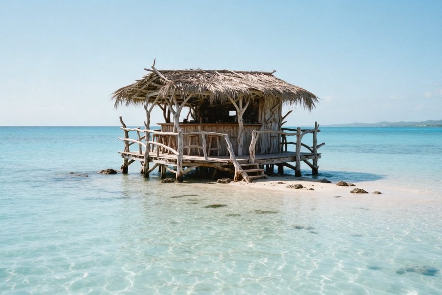 A driftwood bar on stilts standing on a sandbar in shallow turquoise sea off southern Jamaica