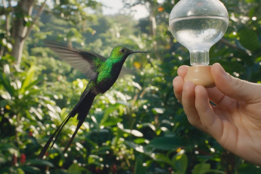 A hummingbird hovering beside an outstretched hand holding a feeder in a Jamaican garden