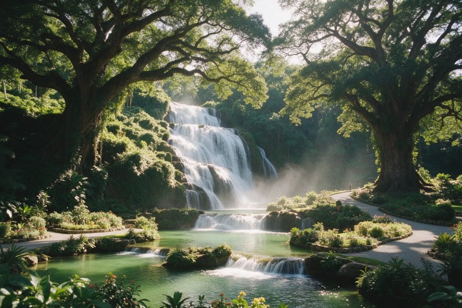 A tiered waterfall falling into jade pools in tropical gardens, Saint Elizabeth, Jamaica